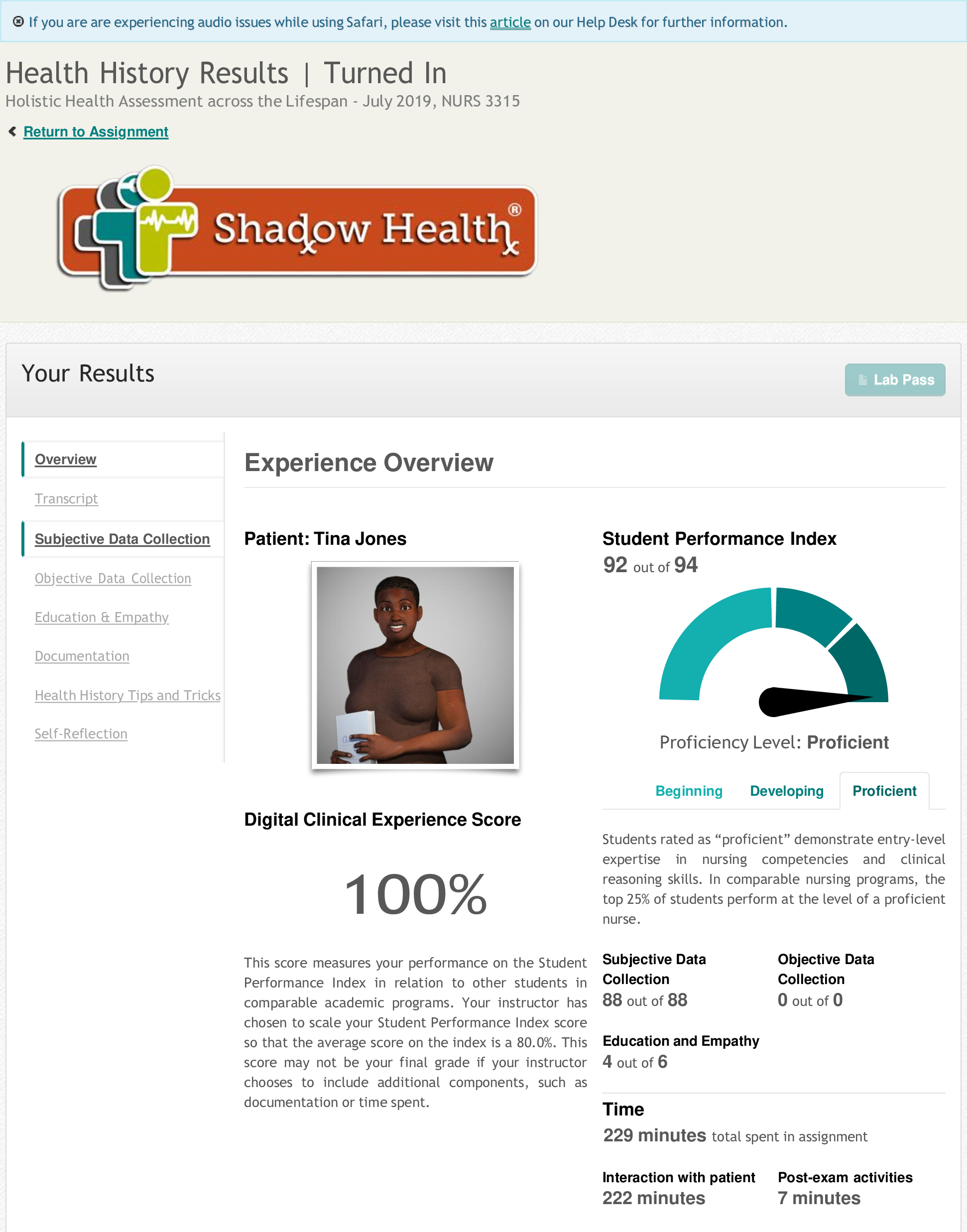 Preview image for Patient: Tina Jones; Health History Subjective (Score 92/94)